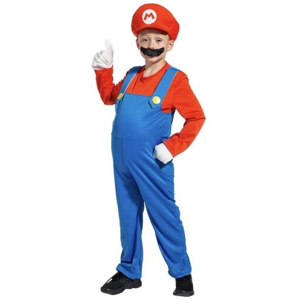 Super Mario Bros Costume Kids Hat Gloves Mustache Halloween Size L